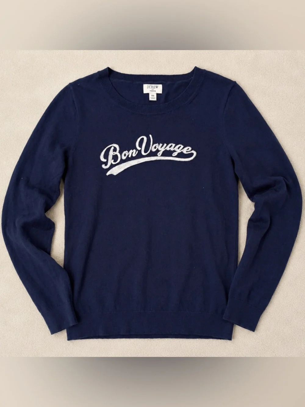 J.Crew Bon Voyage Sweater XS Navy 100% Cotton Embroidered Graphic Crewneck - Picture 2 of 6